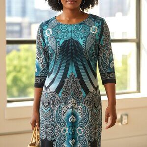 (D-103)Studio One New York Women’s Dress Size 12 Blue Black Paisley 3/4 Sleeve K